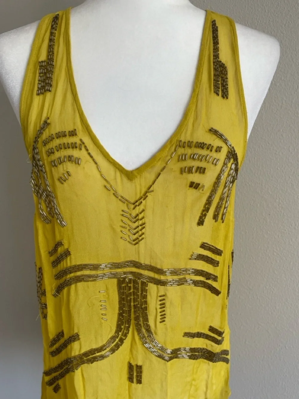 Free People Yellow Beaded V-Neck Women's Tank Top Size M